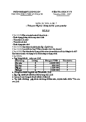 Đề kiểm tra học kỳ II môn Tin học Lớp 7 - Năm học 2016-2017 - Trường THCS Nhuận Trạch